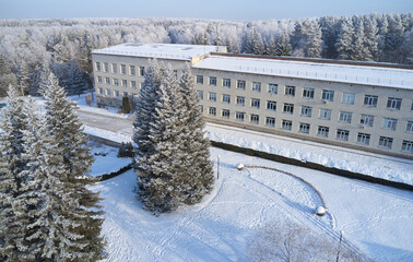 Aerial photo panorama of Central Siberian botanical garden in winter season.