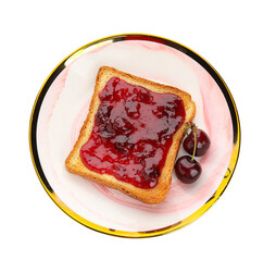 Toast with tasty cherry jam on white background