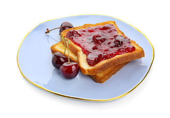 Toasts with tasty cherry jam on white background