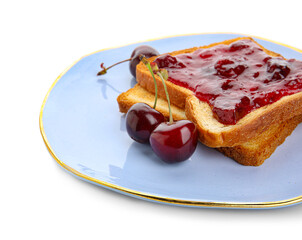Toasts with tasty cherry jam on white background