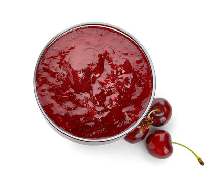 Dessert bowl of tasty cherry jam on white background