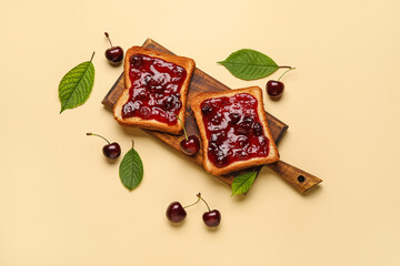 Toasts with tasty cherry jam on color background