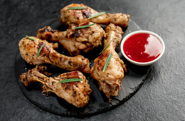 grilled chicken legs with spices on a stone background