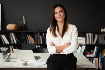 Confident stylish european middle aged woman standing at workplace, 30s lady executive leader...