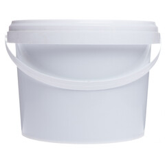 Small plastic white bucket. Construction bucket with a handle. The back of the bucket.