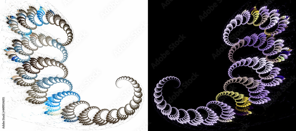 Poster symmetrical curls are composed of small spirals. two abstract fractal backgrounds in one. graphic de