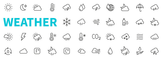 Weather line icon collection. Weather forecast symbol. Outline Weather icons set. Weather, cloud, rain, snow, wind, hurricane, sun, moon, thermometer and more - stock vector. - obrazy, fototapety, plakaty