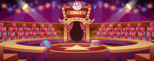 Cartoon circus arena. Round stage under marquee dome with seats, flags and searchlights for entertainment performance or carnival show. Empty interior inside or carnival ring of cirque tent with scene - obrazy, fototapety, plakaty