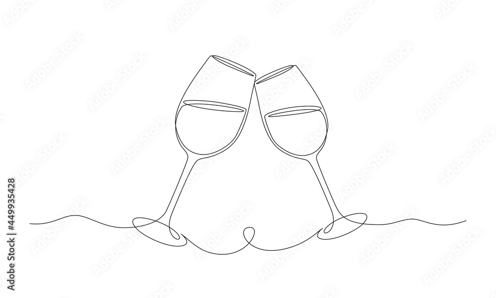 Aufkleber continuous one line drawing of two glasses of red wine. minimalist linear concept of celebrate and c
