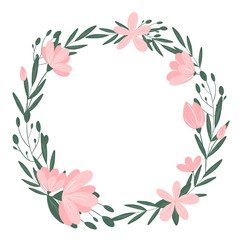 Pink flowers round wreath isolated on white background. Cute botanical frame. Flowers and leaves wreath design element for wedding, party, invitation, card, copy space.