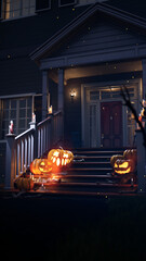 Halloween scary spooky pumpkins on the yard. Holiday spooky pumpkin. High quality photo