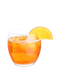 Glass of Aperol spritz cocktail on white background