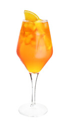 Glass of Aperol spritz cocktail on white background