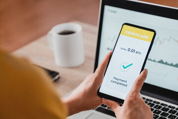 Trader woman using bitcoin crypto payment service provider app with mobile phone - Cryptocurrency trend technology concept - Focus on screen