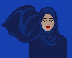 Feminism - Violence Against Wome - Diversity -  Women Rights - Muslim Women Rights - Woman Crying in Blue Background