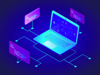 Vector modern techno isometric illustration. A laptop with a network of information links. Computer programming and software development concept.