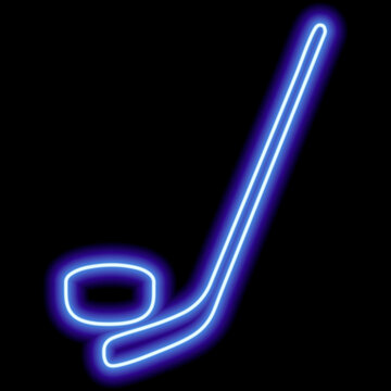 A simple image of a hockey stick and puck. Blue neon contour. Icon illustration