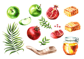 Jewish new year, Rosh Hashanah, Shana Tova set. Hand drawn watercolor illustration  isolated on white background