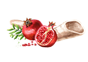Pomegranate and Rams Horn. Jewish new year, Rosh Hashanah, Shana Tova concept. Hand drawn watercolor illustration  isolated on white background - obrazy, fototapety, plakaty