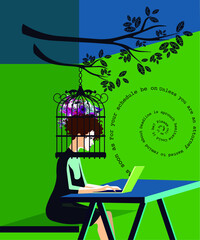 Fototapeta premium Diversity - Violence Against Women - Caged Businesswoman in Cool Background 