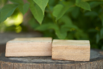 Wooden podium on a green background. Flat square stands or podium for a natural design concept. Central composition, front view. High quality photo