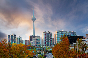 Skyline of Tehran with Milad tower in the background in Iran
