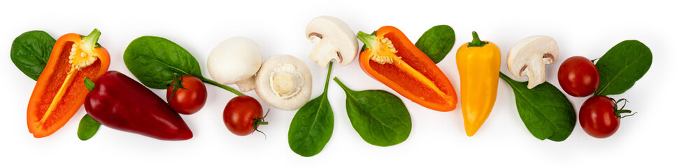 Vegetables and salad on a white background. Banner made from ingredients. Flat lay with peppers, tomato, spinach and mushrooms