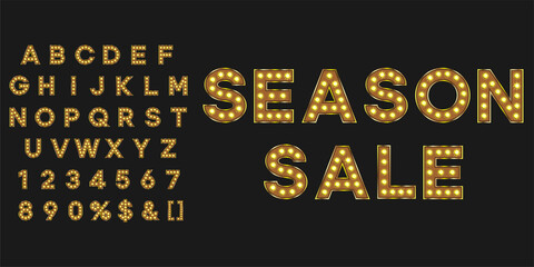 Gold illuminated bulb text season sale. Vintage typography for theater or showtime movie design. - obrazy, fototapety, plakaty