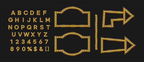 Shiny gold signboard and arrow for autumn fall sale banner. Marque alphabet for night club logo or event badge. © Mariia