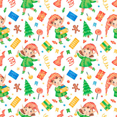 Cute cartoon christmas elves seamless pattern