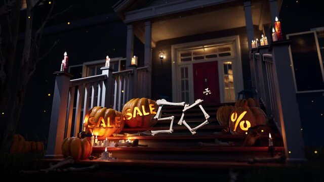 Halloween scary spooky pumpkins on the yard. Holiday discounts pumpkin. Up to 50 per cent. High quality 4k footage