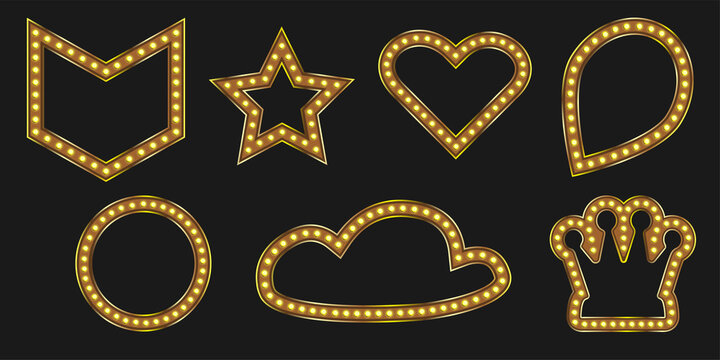 Gold crown marquee shiny badge. Black friday banner for luxury event design. Pin light with star and heart frame.