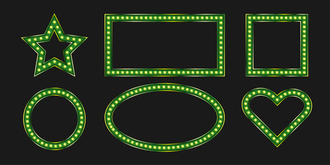 Green square and oval geometric frames with marquee bulb. Vintage shiny signboard with neon light. Warm led lit.