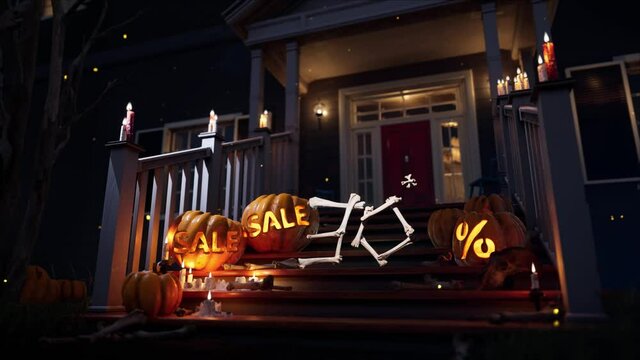 Halloween scary spooky pumpkins on the yard. Holiday discounts pumpkin. Up to 30 per cent. High quality 4k footage
