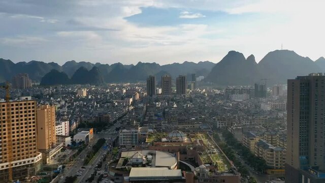 GUANGXI, CHINA- View of Jiuzhou, Jingxi. a town with Vietnamese style, located at the border of China and Vietnam. (aerial photography Time Lapse)