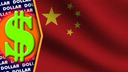 China Realistic Wavy Flag, Dollar Logo and Titles, Circle Neon Effect Fabric Texture 3D Illustration