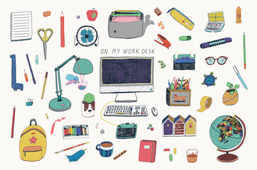 Back to school objects: globe, backpack, notebook, pen, paint vector illustrations set - obrazy, fototapety, plakaty