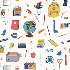 Back to school objects: globe, backpack, notebook, pen, paint seamless vector pattern