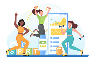 Slim body women doing exercise in gym club using fitness tracker app to control health information. Weight loss, diet plan. Flat cartoon illustration vector concept design isolated on white background