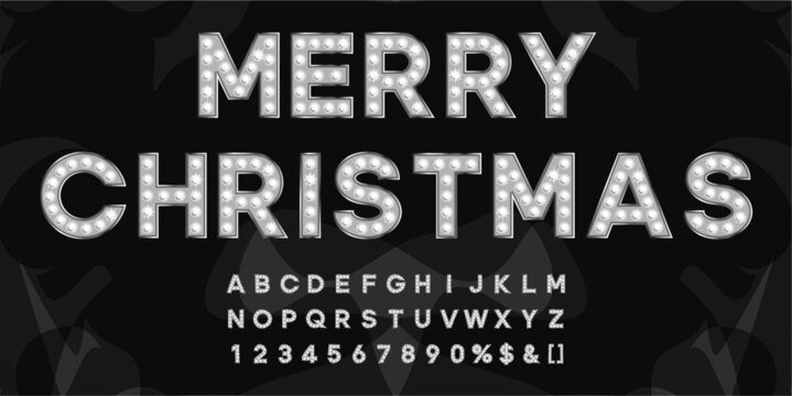 Merry Christmaas letters in silver with cold light bulbs. Abc alphabet for creating vintage text for theater or movie event