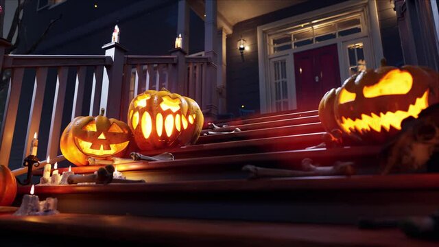 Halloween scary spooky pumpkins on the yard. Holiday spooky pumpkin. High quality 4k footage
