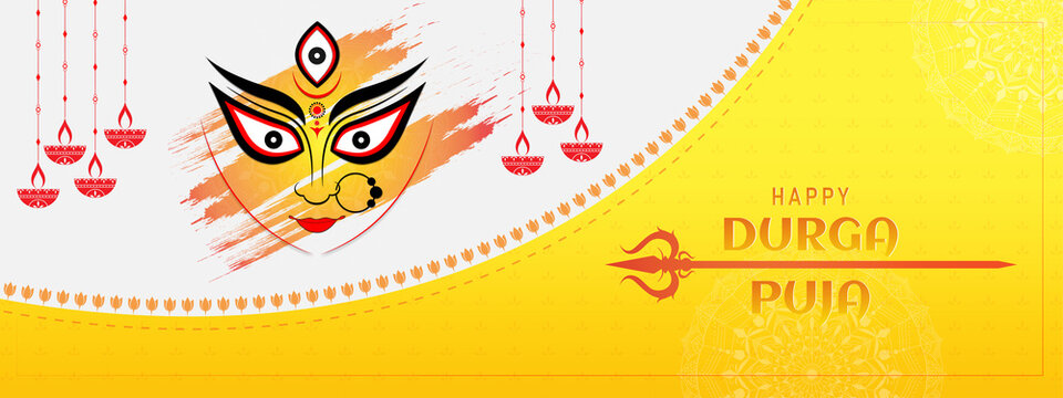 Happy Durga Puja banner template design with goddess Durga eyes and  trishul. Stock Vector | Adobe Stock
