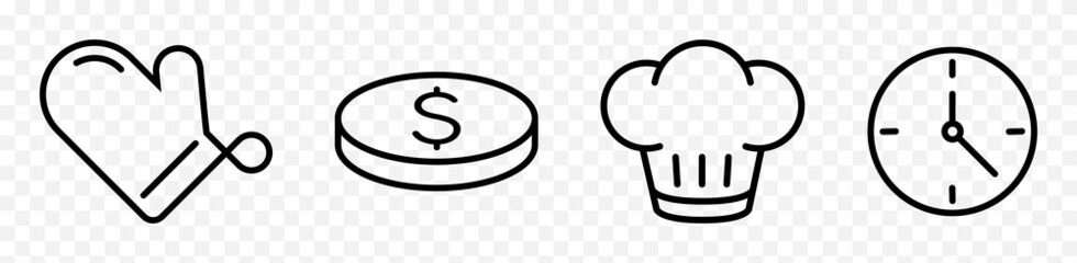 Cooking recipe black icons set : kitchen glove, coin price, chef hat, clock. Cooking recipe website symbols. Concept of preparation time, difficulty,  kitchen tool, meal cost. Vector illustration.