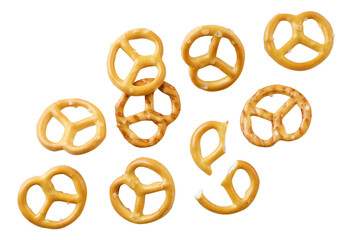 A pretzel falling on a white background, a pretzel levitating. Isolated