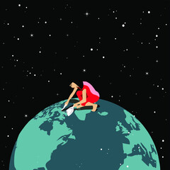 Future Preservation - woman cleaning the terrestrial globe on a starry background