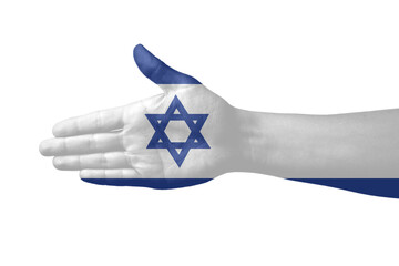 Hand in colors of Israeli flag on white background