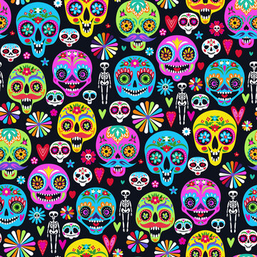 Seamless pattern with sugar skulls for holiday home decoration. Day of the dead