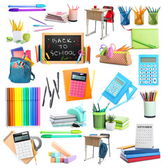 Set of school supplies with chalkboard on white background