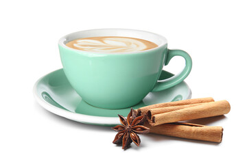 Cup of tasty cappuccino with spices on white background