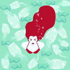 woman swimming in the plastic trash